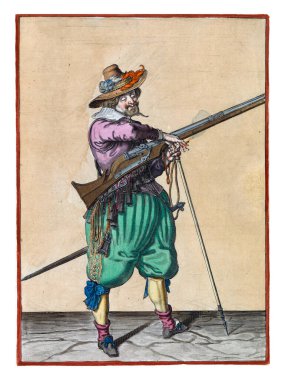 A soldier on guard, full-length, to the right, holding a musket (a type of firearm) with his left hand by the fork of the furket (musket fork) on which the barrel rests