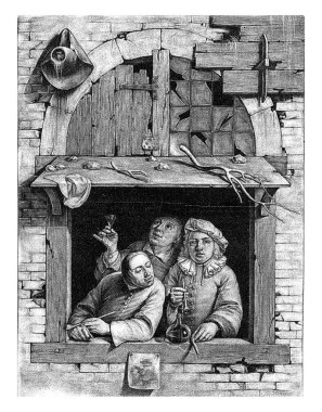 Three men drinking and smoking are standing behind an open window. On the roof above the window are stones and branches or pieces of antlers. A hat and picture hang on the outside of the window.