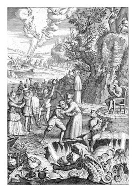 A man stands on the edge of the abyss at Purgatory and is lured by the devil with wealth and abundance.