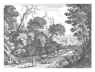 On a road in a forest a man and a woman with two children, some dogs and a herd of goats and sheep are walking. In the background two shepherds with a flock of sheep and cattle.