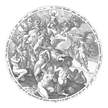 Circular representation of the arrival of the blessed in heaven. Angels guide the souls upstairs, where Christ sits enthroned among a host of saints (including Mary).