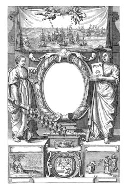 On either side the city maiden of Den Bosch with the city coat of arms and a lance with laurel wreaths, and another city maid with a coat of arms with three squirrels and also a lance.