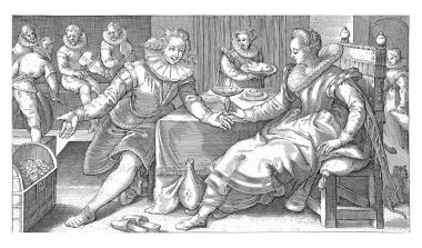 An elegantly dressed young couple enjoys life. Man and woman are seated at the table and are served. In the background a group of musicians plays for them.