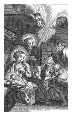 The Holy Family sits in a stone stable and receives the shepherds.