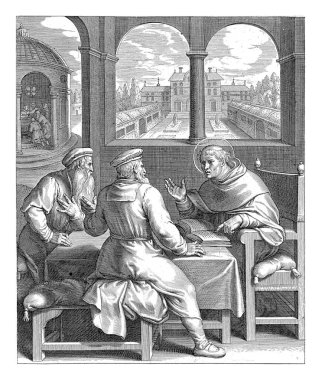 Thomas Aquinas is sitting at a table talking to two Jewish rabbis. In the background a garden and a chapel where Thomas Aquinas baptizes two men. clipart