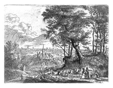 From a series of twelve. Landscape with shepherds and a flock of sheep, in the distance a country house with a formal garden.