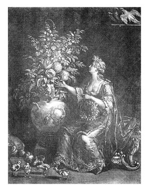 Allegorical representation of spring. A young woman plaits a spring wreath; she takes the necessary flowers from the large vase next to her.