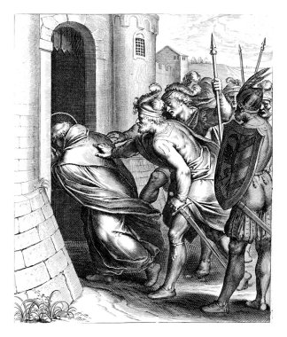 Thomas is pushed into the prison gate by his brothers. Print from a series of 30 prints depicting the life story of Thomas Aquinas.