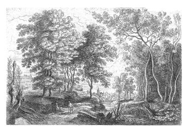 From a series of six. A brook that flows through the forest, two hikers and a church tower in the distance.