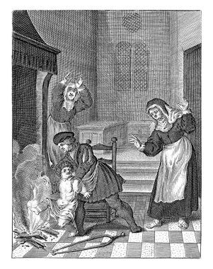 A child falls into the fire and is healed when brought to the host. The father pulls the child out of the fire.