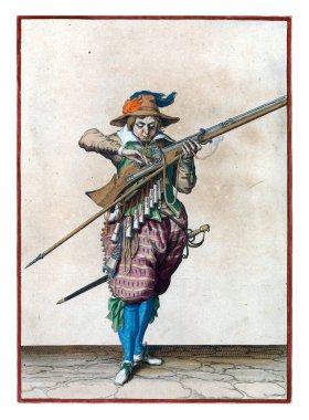 A full-length soldier holding a musket (a type of firearm) with his left hand. The burning fuse lies on the cock (part of the ignition mechanism) of his musket