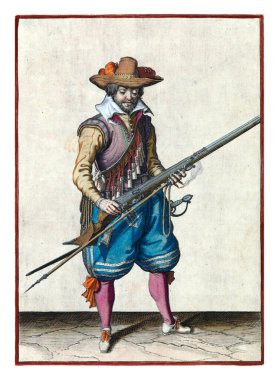 A soldier, full-length, to the right, shaking a musket (a certain type of firearm) with both hands in order to remove any powder that has fallen outside the pan
