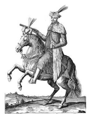 Portrait of Hungarian statesman Imre Thokoly on horseback with command staff in hand. At the bottom in the margin are name and position in Dutch.