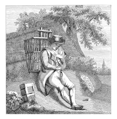 A pedlar sits against a hill with his basket on his back. On the left a pole, on the right a church tower.
