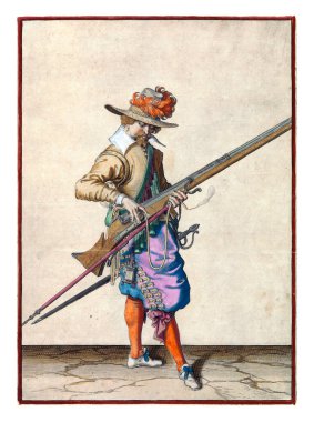 A soldier, full-length, to the right, holding a musket (a type of firearm) with his left hand. With the thumb and middle finger of his right hand he gives the burning fuse on the cock