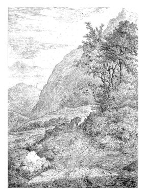 Mountain landscape with a figure and pack mule on a road.