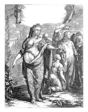 Love personified, one of the divine virtues, with a burning heart in her hand with Christ in the background, who is being honored and surrounded by five figures.