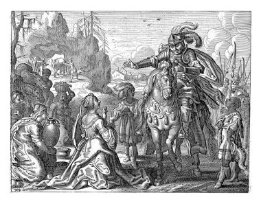 Abigail kneels before David, whom she is to marry. Her maidservants bring fruit and bread for David and his supporters into the desert.