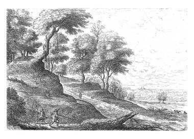 Landscape with two hunters and their dog.