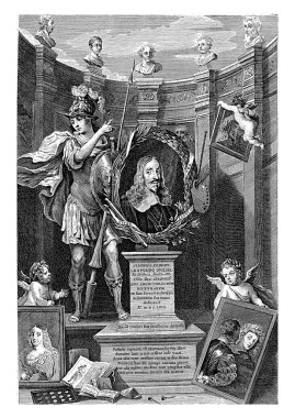 Portrait of Leopold Willem, Archduke of Austria and Governor of the Southern Netherlands, in an oval frame with his motto, on a pedestal with a dedication to him in Latin