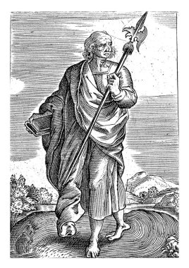 Landscape with the apostle Matthew. He holds a book in one hand, a halberd in the other.