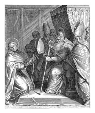 Pope Clement IV, seated under a canopy and surrounded by bishops, hands a bishop's miter to Thomas Aquinas. clipart