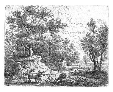 From a series of twelve. Landscape with three cows and a woman, on the far left a seated man with a stick. In the background a farm at a forest edge.