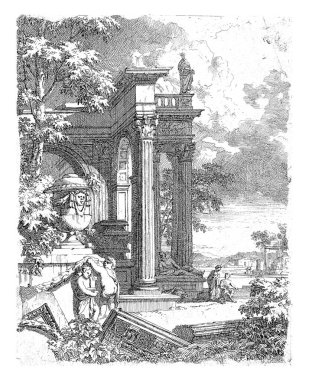 Landscape with a classical temple and in the foreground two putti with a garland under a garden vase