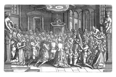 Leideners kneel in gratitude during a church service after the relief of the city, 1574. Above the minister the tetragrammaton. In carved frame with herms on either side.