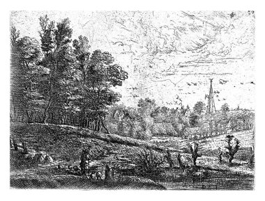 Fifth of a run of eight. Landscape with a shepherd and his flock of sheep, in the distance a village.