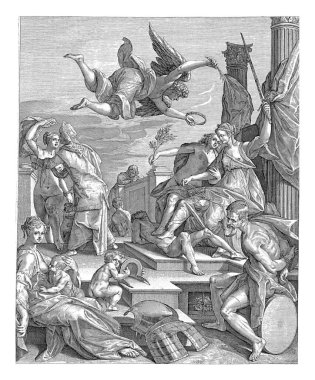 Justice and Peace,sit on a throne with their feet resting on a reclining naked man.Above them the Victory who wants to crown them.To the right Mars, sitting with his arms tied behind his back