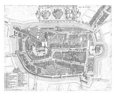 Franeker in a nutshell. In the center above the map a cartouche with the coats of arms of Friesland, the Frisian stadholder and Franeker. Below left a legend of 1-23.