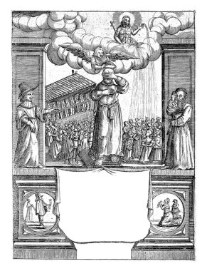 A figure in a habit has shielded his eyes so as not to have to see the sins written on paper that hang in a stall behind him to the left.