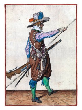 A soldier, full-length, to the right, holding a musket (a type of firearm) with his left hand by his left thigh and bringing his right hand to the end of his ramrod, which he rests against his right side