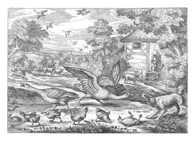 Landscape with two geese in the foreground defending their young against a barking dog. On the right, a woman is standing behind a fence with a broom in her hand.
