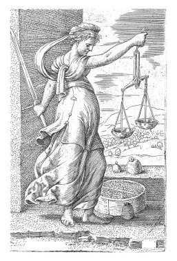 The personification of the virtue of Justice with the scales in one hand and the sword in the other. There are weights at her feet and on a wall. In the background a landscape.