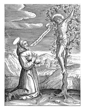 A saint, dressed in a monk's habit, kneeling before a Christ crucified on a vine.