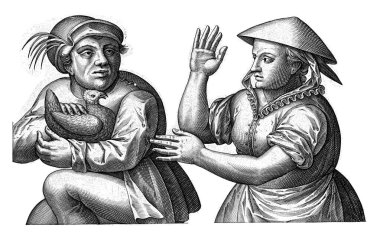 A man with a chicken in his arms. He flees from his wife, who holds her hand up threateningly. The print has a German inscription on verse.