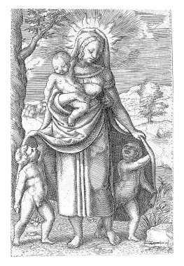 The personification of the virtue of Love carries a child on her arm and two children hide under her cloak. She has a halo around her head. In the background a landscape.