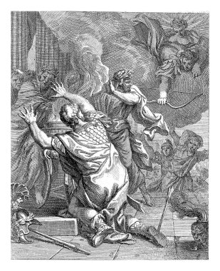 Achilles hit by an arrow in his only weak spot,his heel,while making a sacrifice at an altar.Several bystanders around the altar.At the top right,Apollo leads the arrow from Paris to the right place