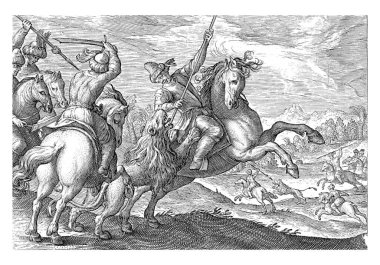 Landscape with four horsemen chasing a lion in the foreground. One of them has put his spear in the lion's mouth. In the background horsemen on a lion hunt