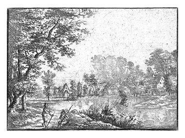 A village on a river, two men on the bank.