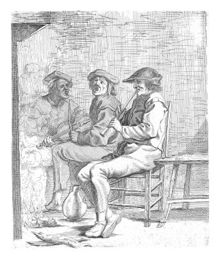 Three music-making men sit in front of a fireplace. One man plays the flute, another violin, the third sings.