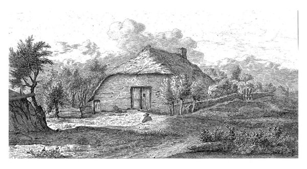 Farm Straw Roof Trees Left Farm Foreground Man Seen — Stock fotografie