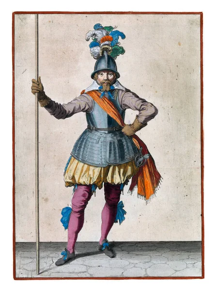 Full Length Soldier Holding Spear Lance Upright His Right Hand — Zdjęcie stockowe