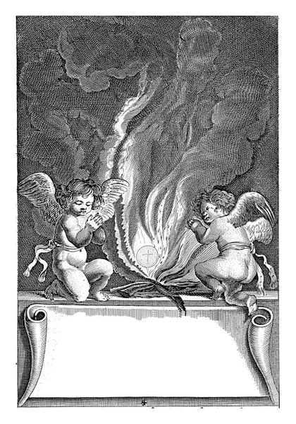 Two Angels Kneel Either Side Fire Which Host Floats Intact — kuvapankkivalokuva