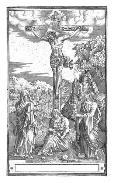 Landscape Christ Cross Flanked Mary John Mary Magdalene Sits Cross — Zdjęcie stockowe