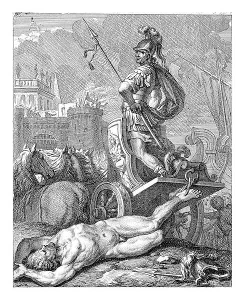 Achilles Standing His Chariot Seen Wagon Hector Body Background Left — Zdjęcie stockowe