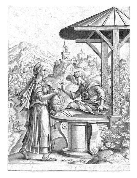 Christ Sits Edge Well Samaritan Woman Offers Him Drink Her — Stock fotografie