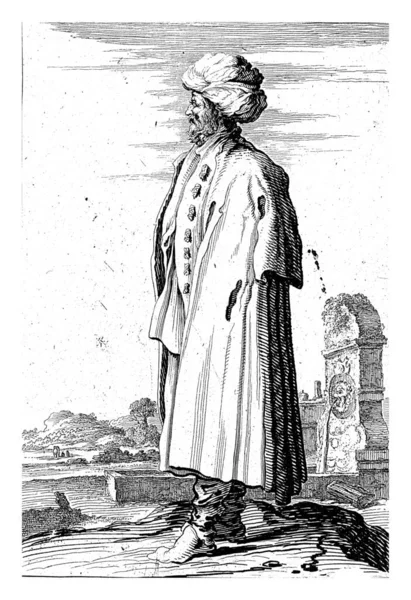 Man Standing Front Classic Fountain Wears Turban His Head Print — Stock Fotó